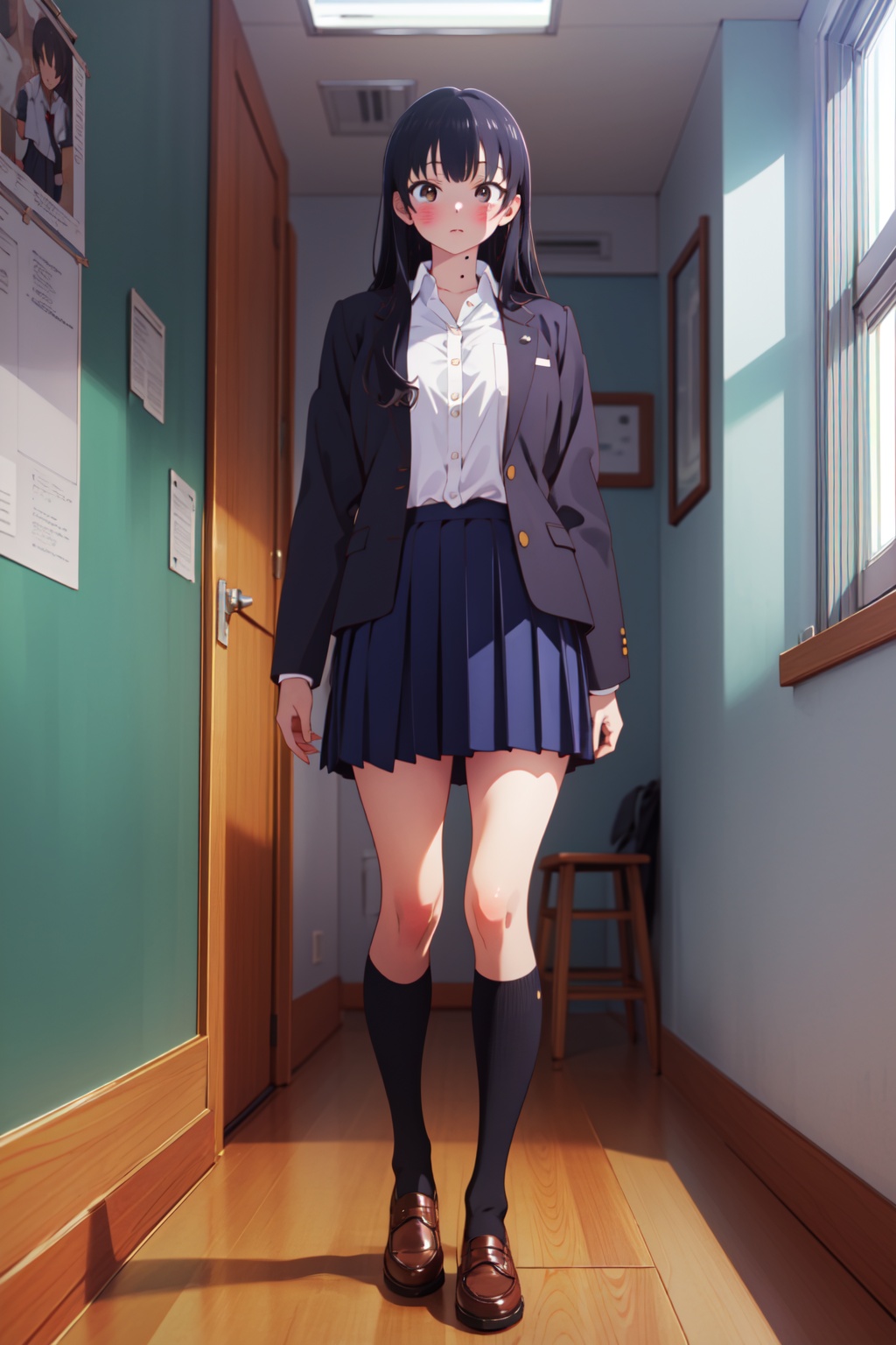 masterpiece,best quality,8k,ultra-detailed,1girl,solo,full body,looking at viewer,standing,<lora:lora-000007.by_tusi:0.8>,Anna_CYQL,black hair,long hair,bangs,brown eyes,mole under eye,blush,school uniform,long sleeves,blue jacket,white shirt,collared shirt,pleated skirt,blue skirt,black socks,kneehighs,shoes,BREAKGaming setup, Bean bag chairs, Wall-mounted screens, Gaming console, Posters,