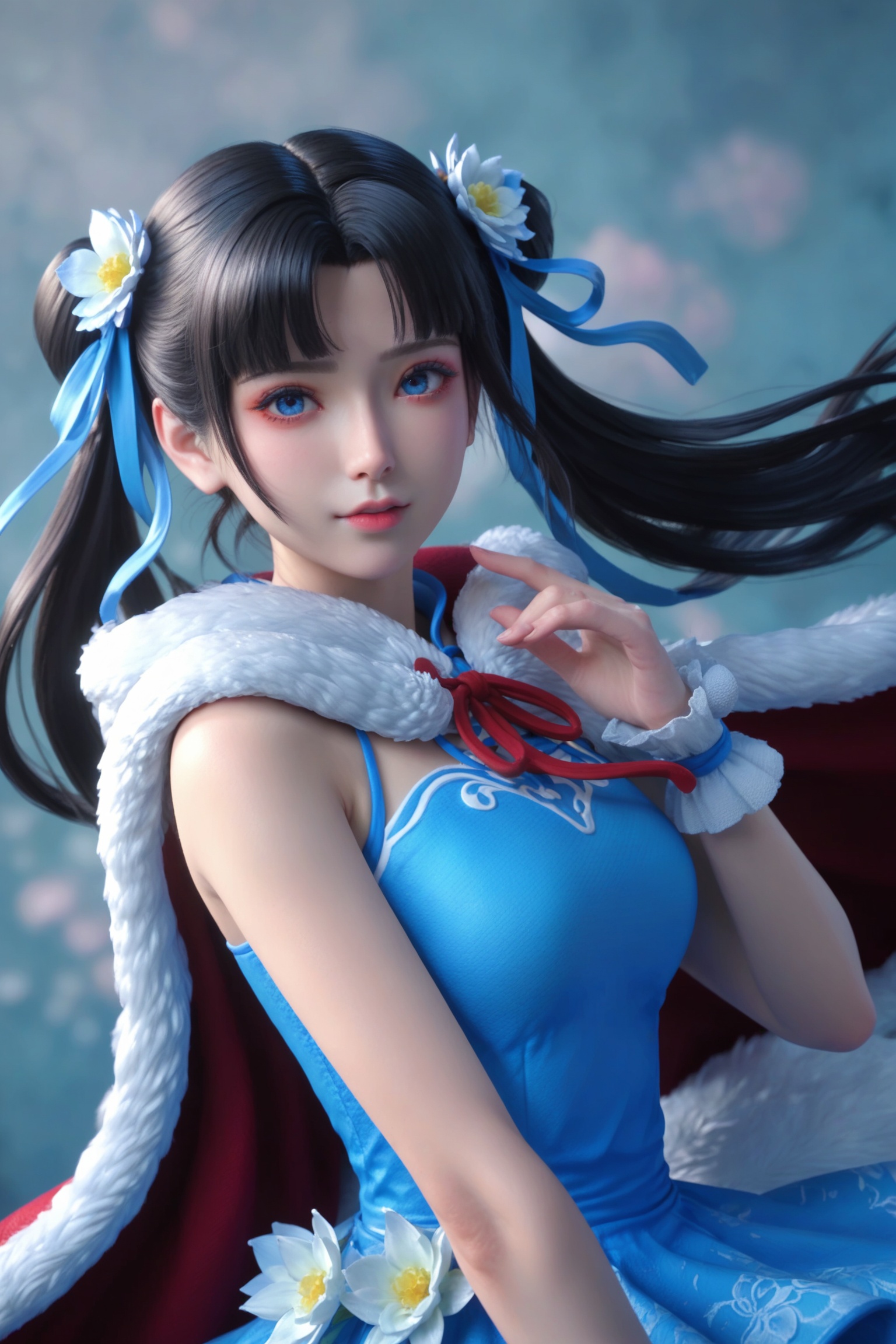 realistic style photo outstanding style,tall,cute,in her teens. Use soft lighting to cast gentle shadows on the subject,adding a touch of dimension to your images without compromising details,score_9,score_8_up,score_7_up,looking at viewer,upper body, <lora:仙剑问情-赵灵儿:0.7> 1girl,blue dress,dress,hair ornament,blue eyes,long hair,redc cape,ribbon,black hair,hair flower,twintails,fur trim,