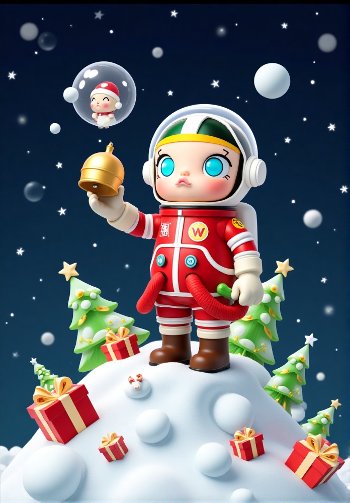 F1PopMart,F1FootMeiJia,F1PomaRuass,F1EUGispy,F1MingGUOCiqi,F1CNShanhaij,F1PopMart,The image depicts a whimsical,stylized astronaut character standing on a snowy,festive platform adorned with wrapped gifts and decorated Christmas trees. The astronaut is dressed in a red space suit with white accents,a green and red helmet,and large blue eyes. The suit features a badge with the letters "W" and a circular emblem on the chest. The astronaut is holding a small,futuristic device in one hand and a golden bell in the other. A transparent bubble floats above the character,containing a small figure resembling Santa Claus. The background is a starry night sky with falling snowflakes,creating a festive and magical atmosphere.,