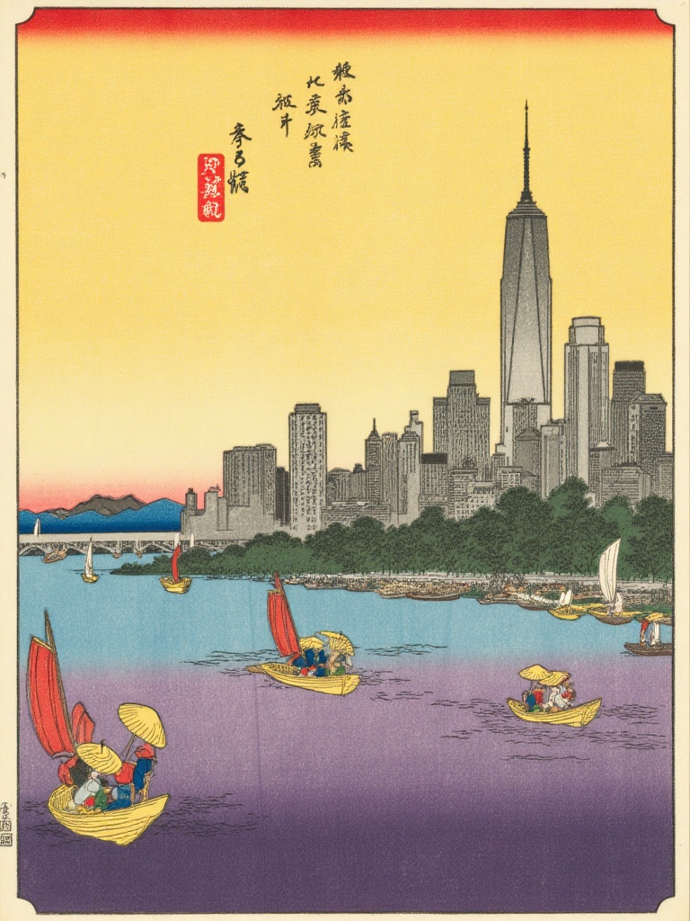 Xgechuanguangchong, Manhattan skyline in ukiyo - e strokes. Empire State and Chrysler Buildings defined by bold lines. Hudson River reflects in varying purples. Sailboats with vermilion sails glide. Modern - dressed pedestrians hold oil - paper umbrellas. Sky ablaze with gold - red sunset, blending East and West.