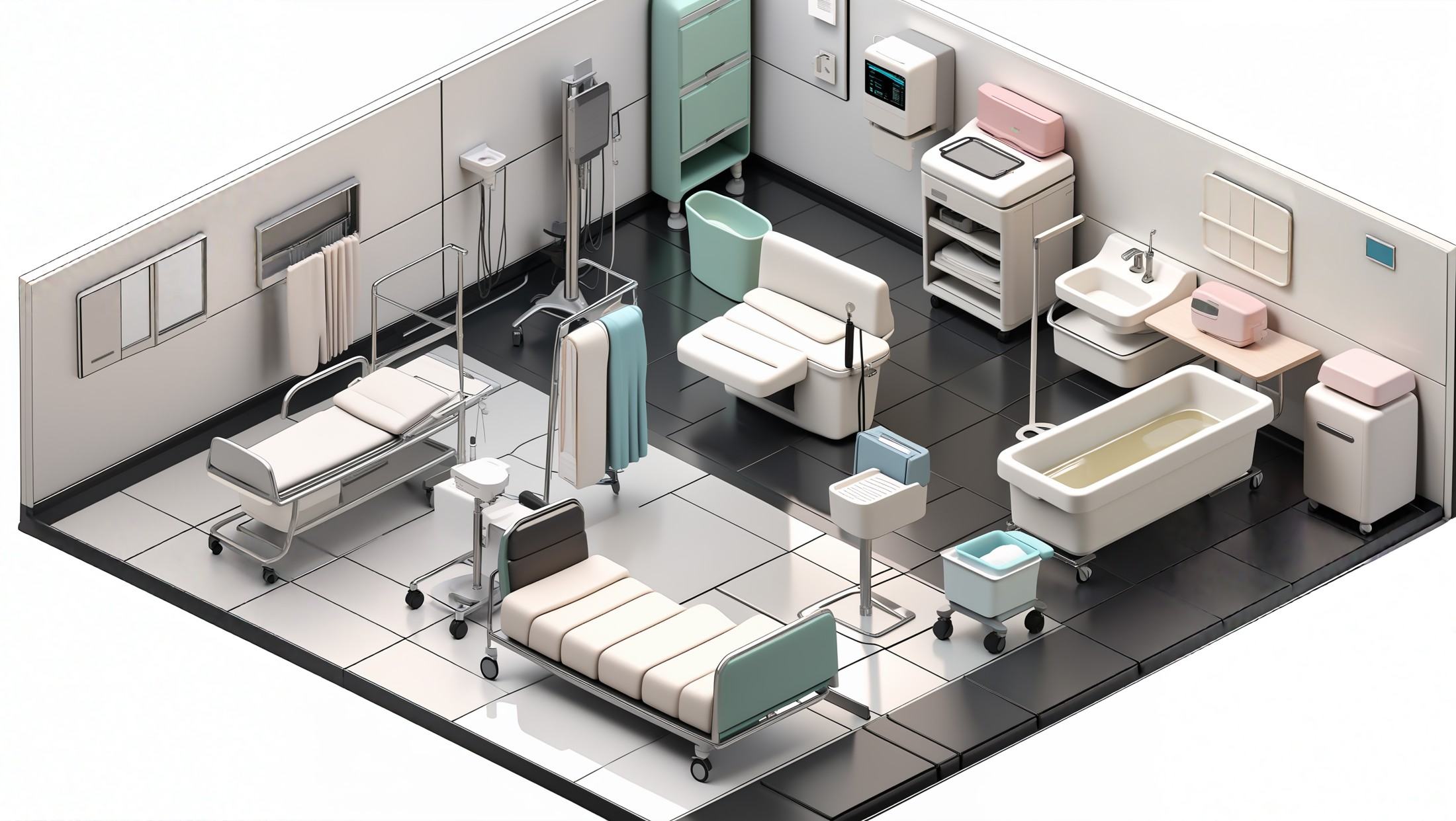 masterpiece,best quality,<lora:gamebg:0.6>,3d,white background,room-style,antimicrobial seamless PVC flooring,light green or light blue,easy to clean,smooth white walls,antimicrobial coating,shadowless surgical lights,bright and even lighting,stainless steel operating table,adjustable height and angle,medical equipment,anesthesia machine,patient monitor,infusion pump,suction machine,wheeled instrument table,surgical tools,scalpels,scissors,forceps,suturing needles,sterile handwashing area,washbasin,sensor faucet,automatic soap dispenser,changing area,lockers,dressing bench,sterile surgical gowns,surgical caps,medical waste disposal area,waste bins,central oxygen supply system,touch screen monitors,vital signs,surgical progress,constant temperature and humidity,high-efficiency air filtration system,automatic sliding doors,sterile environment.,