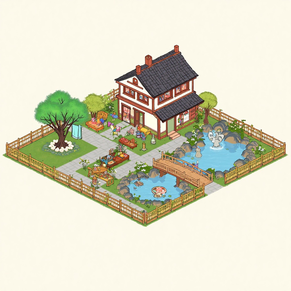 GFCJ,A house,a pond,a bridge,shelves,clothes hanging,surrounded by a fence.,