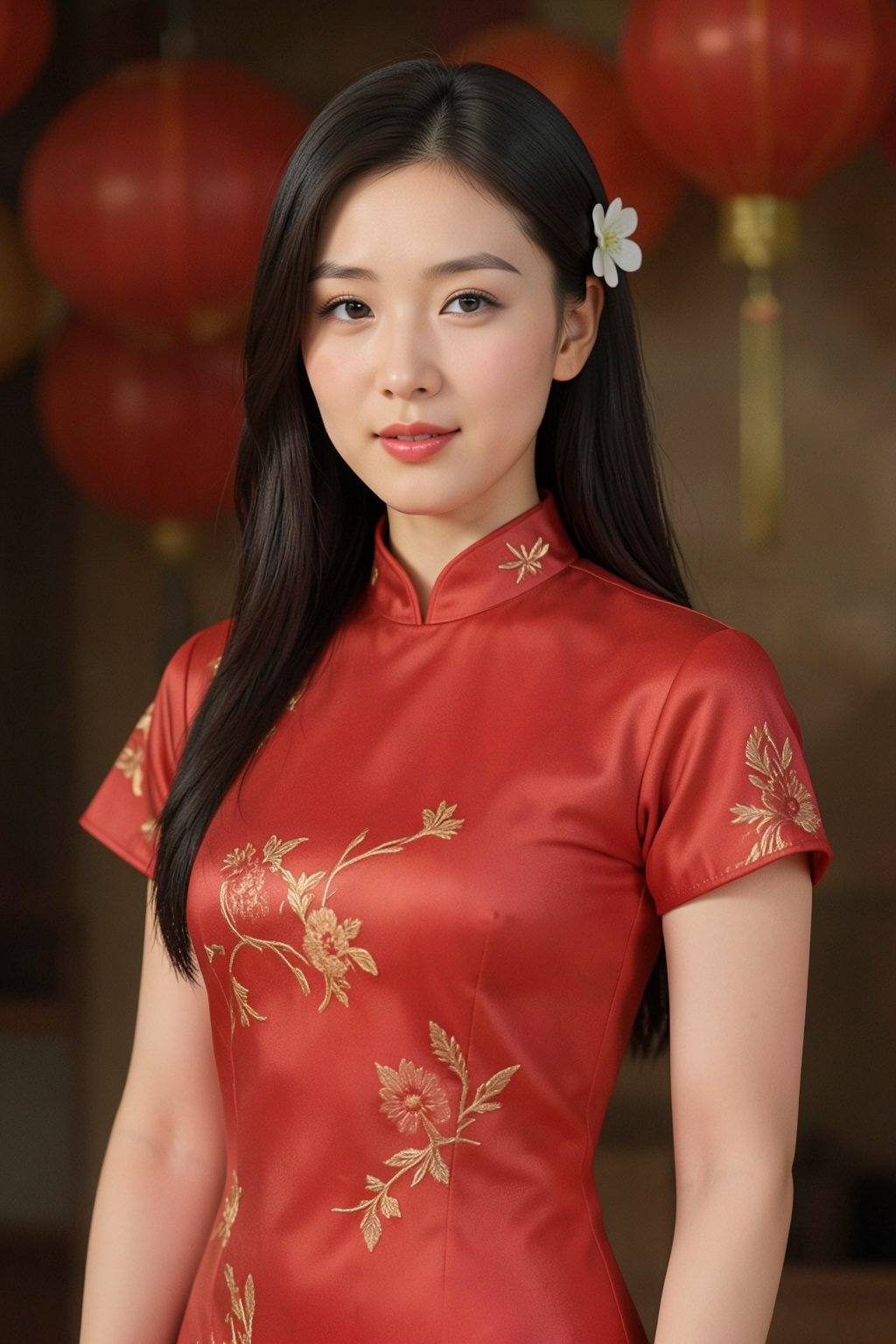 The image depicts a photograph of an Asian woman with fair skin and long,  straight black hair adorned with a small white...