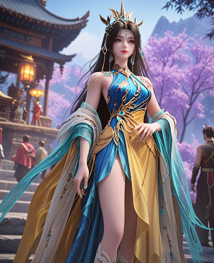 (oriental architecture, elegant decor, sophisticated style:1.1),Standing, one hand on the hip, the other arm extended,,(breasts:1.2),<lora:XL16完美世界梦回仙古凰女:0.95>,miss huangnu,solo,yellow dress,blue chemise,brown eyes,black hair,very long hair,hair ornament,earrings,jewelry,silk shawl sleeves,forehead pendan,tiara,white socks,, zPDXL2, score_9, score_8_up, score_7_up BREAK realistic, masterpiece,best quality, highly detailed,, zPDXL3, zPDXL2,zPDXL, zPDXLxxx, zPDXLrl,