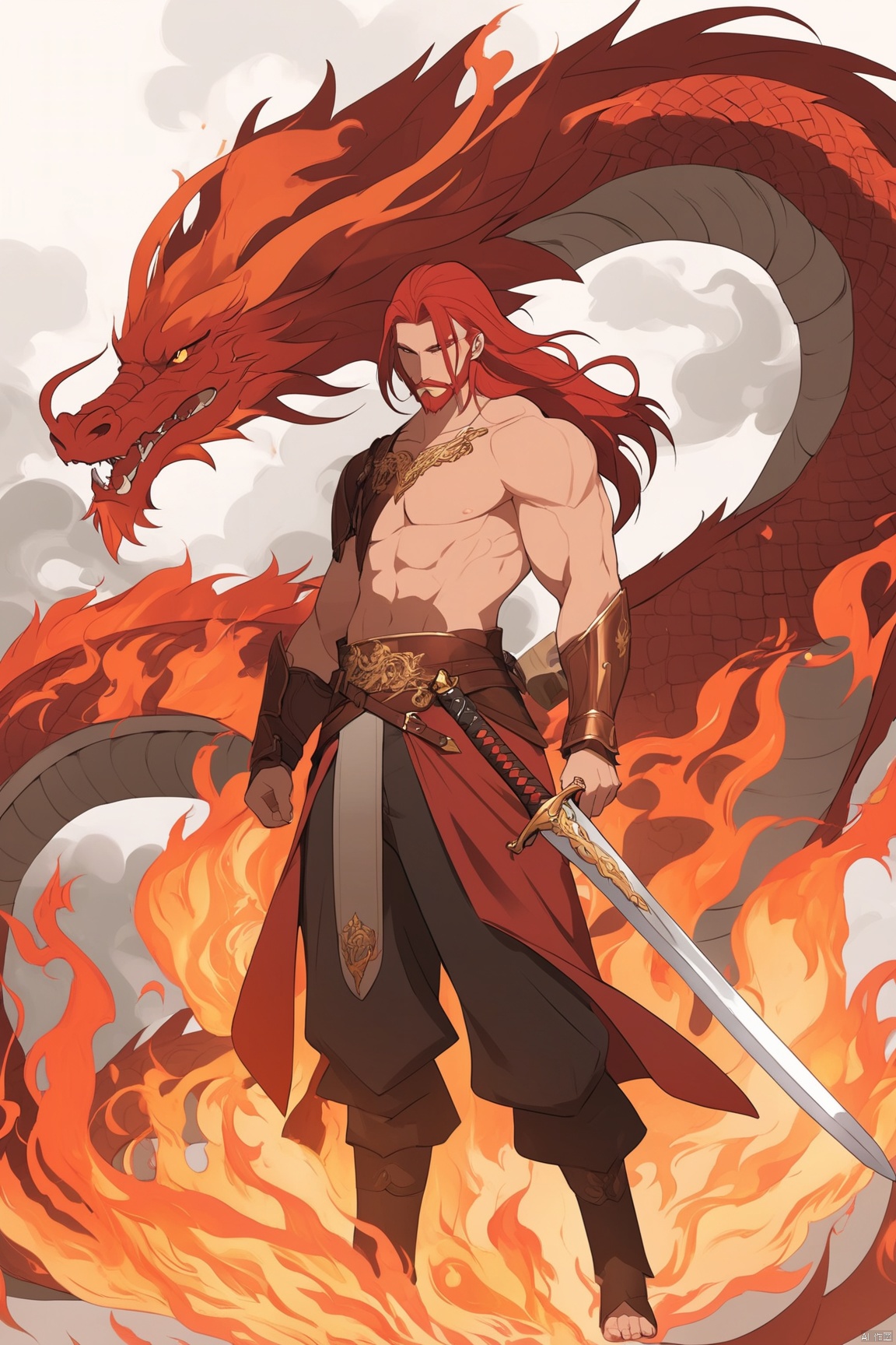 1boy,red theme,red flame,red rose,flame,weapon,sword,long hair,bare feet,holding weapon,holding sword,solo,dragon,red hair,standing,armor,pectorals,closed mouth,belt,scabbard,shoulder armor,full body,smoke,facial hair,jewelry,pants,fire,muscular,eastern dragon.