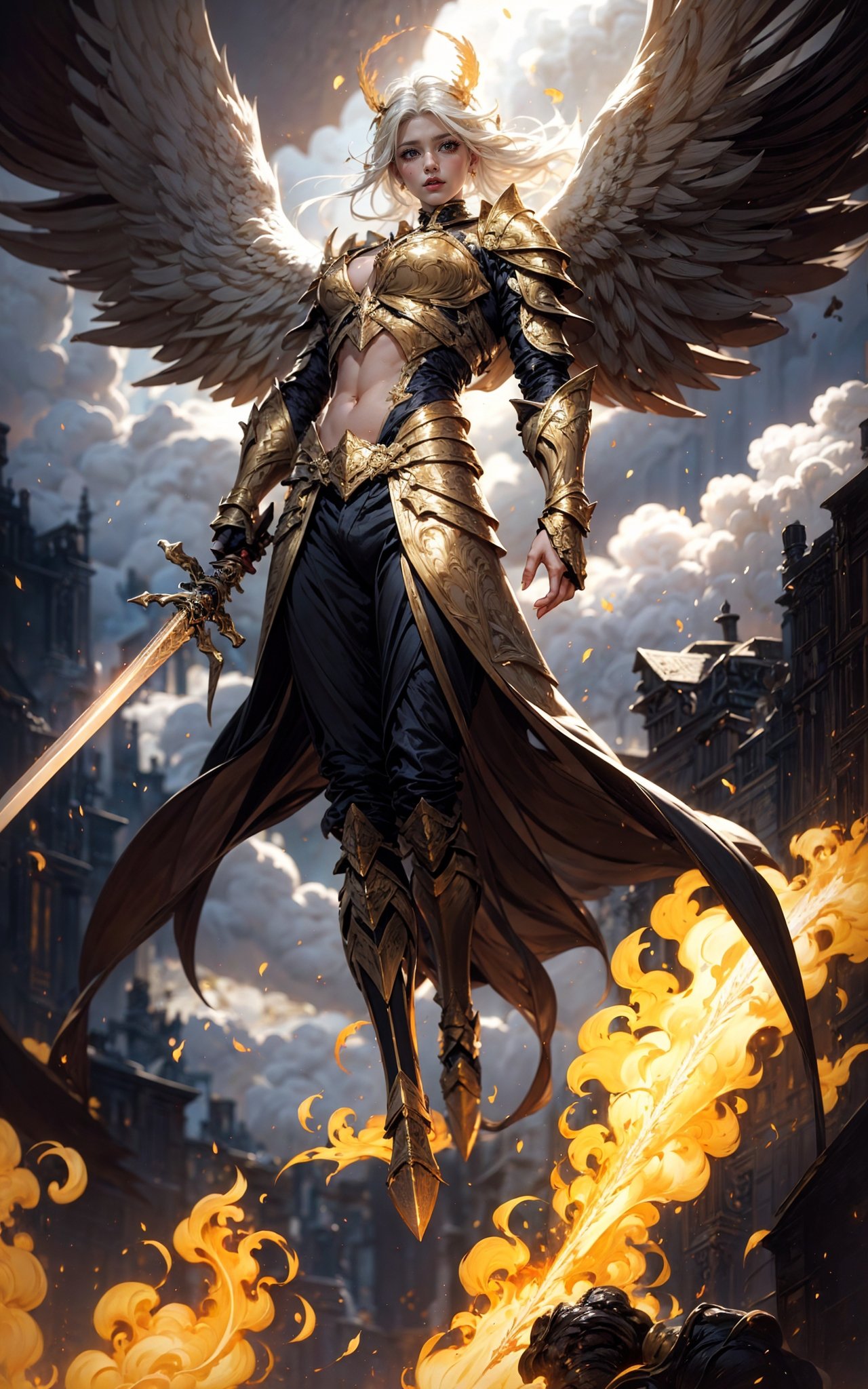 angel,  Super powerful flame angel flies out of the clouds,  behind him is golden meteor magic surrounding his body on Ten...