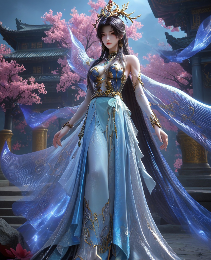 (oriental architecture, elegant decor, sophisticated style:1.1),(Standing close to a wall, one hand gently caresses its cool surface while the other trails sensuously down her spine, she emanates a captivating fusion of vulnerability and power:1.1),straight-on,(large breasts:1.2),shoes,<lora:XL16云深不知梦羲和罄水珠:0.95>,miss xihe,blue corset tiered gown,mole under left eye,black hair,traditional chinese updo with long front strands,absurdly long hair,hair ornament,jewelry,elbow gloves,bracelet,bare shoulders,, score_9,score_8_up,score_7_up,score_6_up,score_5_up,score_4_up,3d rendering,tag1,tag2, Cinematic Lighting,backlighting,