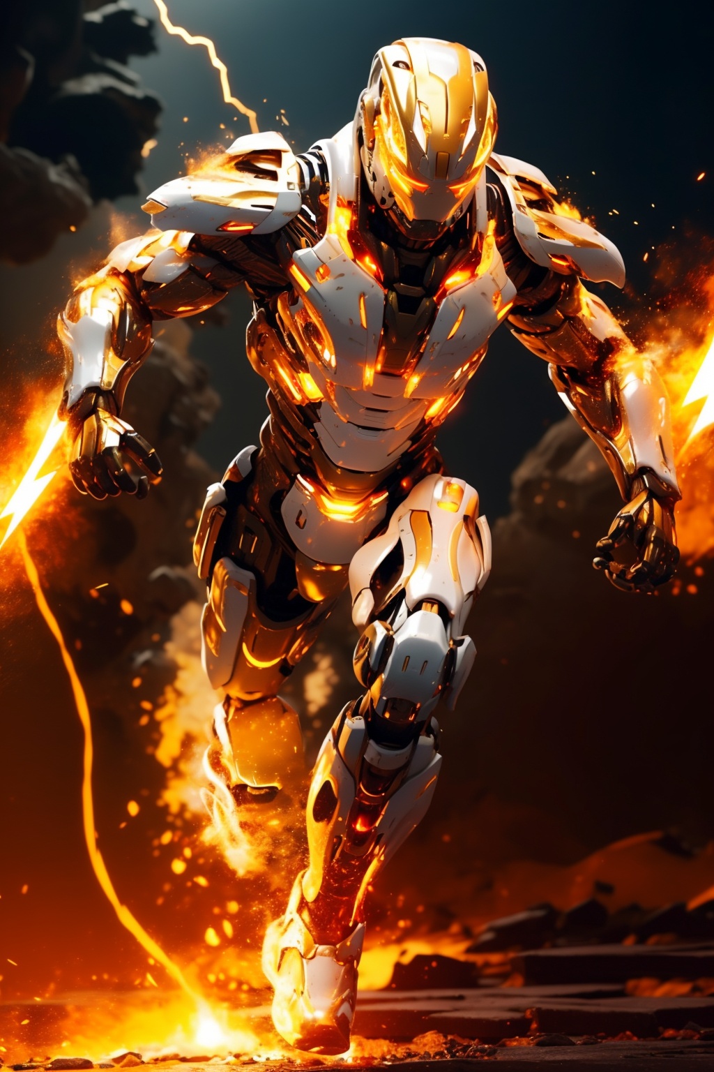 hjyfirerobot,(flame:1.3),fog,(flashing lightning:1.1),chaos flame around mecha,(spark:1.2),(rush out from flame and flashing:1.1),glowing eyes,sleek mecha,sleek helmet,(glowing gold robot:1.2),masterpiece,best quality,(highly detailed),cyborg,(full body:1.2),wide angle,(sci-fi  background:1.2),run,<lora:hjyfirerobot2--000010:1>,power armor,