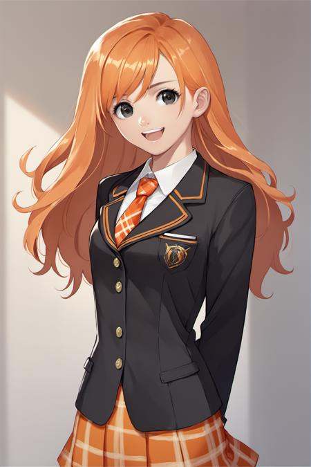 1girl,solo,orange skirt,black eyes,long hair,orange hair,school uniform,necktie,plaid skirt,plaid,blazer,arms behind back,own hands together,smile,open mouth,black jacket,score_8_up,score_9,<lora:TONY_XL_PONY:1>,