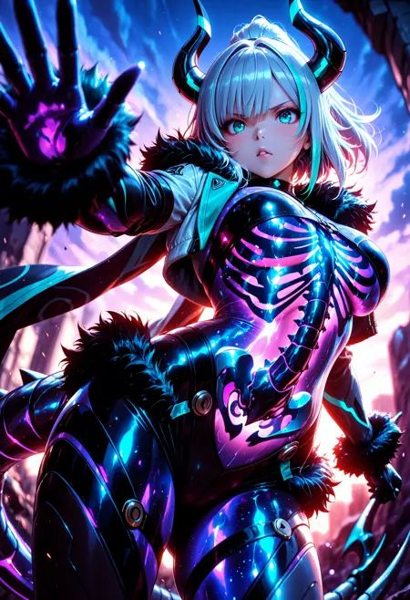 skeleton, see-through body, she has large dark horns, teal eyes, silver (half-up half-down hair), and a cosmic outfit with fur trim, choker, underboob, purple and pink hues at twilight, dynamic pose, Smooth_Quality, SmoothNoob_Quality, solo, 1girl