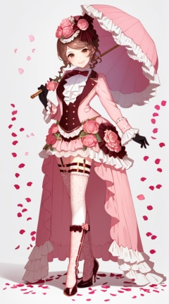 (best quality), ((masterpiece)), (highres), illustration, original, extremely detailed,  <lora:好き物语:0.7>1girl, solo, flower, gloves, umbrella, pink rose, pink flower, hat, black footwear, holding, black gloves, full body, bow, holding umbrella, thighhighs, looking at viewer, high heels, watson cross, standing, white background, petals, rose, hair ornament, pink umbrella, long sleeves, skirt, frills, striped, smile, brown hair, boots, parasol, brown eyes, pink bow, lace, personification, simple background, bangs, bowtie, jacket, dress, hair flower, ascot, lace trim, brooch, swept bangs, thigh strap, pink headwear