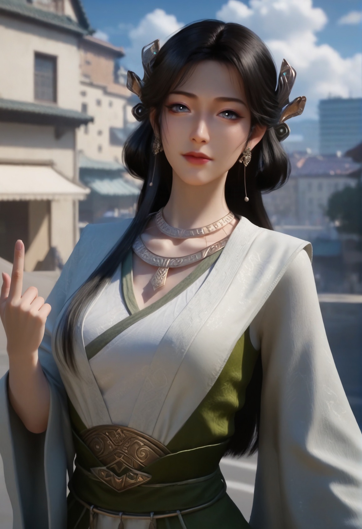 (score_9),<lora:梅凝1-Apony:0.85>,mn,(mature_female:1.1),solo,hair ornament,long hair,black hair,jewelry,earrings,necklace,long long sleeves,robe,<lora:perfect eyes_v1:0.8>,front view,bright pupils,<lora:Expressive_H-000001:0.8>,(middle_finger:1.1),outstretched_arm,upper body, (glamor:1.2),collarbone,pointy breasts,puffy breasts,large breasts,narrow waist,curvy,outdoors,street,blue sky,blur background,building,city,cloud,cloudy sky,day,depth of field,(white_skin:1.1),(fair_skin:1.1),