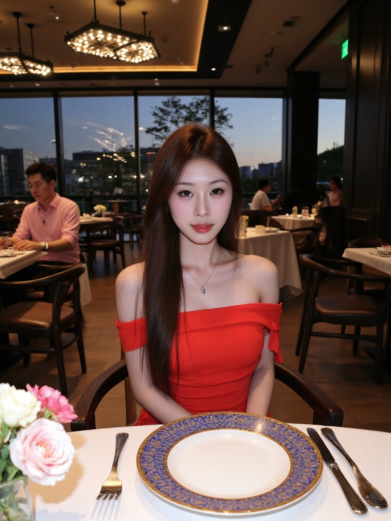This photograph captures a young Asian woman seated at a dining table in a modern, upscale restaurant. She has fair skin, long dark brown hair parted in the middle, and is wearing a bright red, off-the-shoulder dress that highlights her slender figure. Her makeup is subtle, with a focus on her eyes, which are accentuated with eyeliner and mascara. She has a slight, natural smile on her face, and she is looking directly at the camera.In front of her on the table is a white plate with a decorative blue and gold patterned rim, and a set of silverware, including a fork and knife. To the left of the plate, there is a small vase with white and pink flowers. The table has a white tablecloth, and the chair she is sitting on has dark wooden legs with a cushioned seat.The background of the image shows other diners, with a man in a pink shirt seated at a table to the left. The restaurant has large windows with a view of an urban exterior at dusk, and the interior features modern, geometric ceiling lights and dark walls. The lighting is warm, creating a cozy and elegant atmosphere.