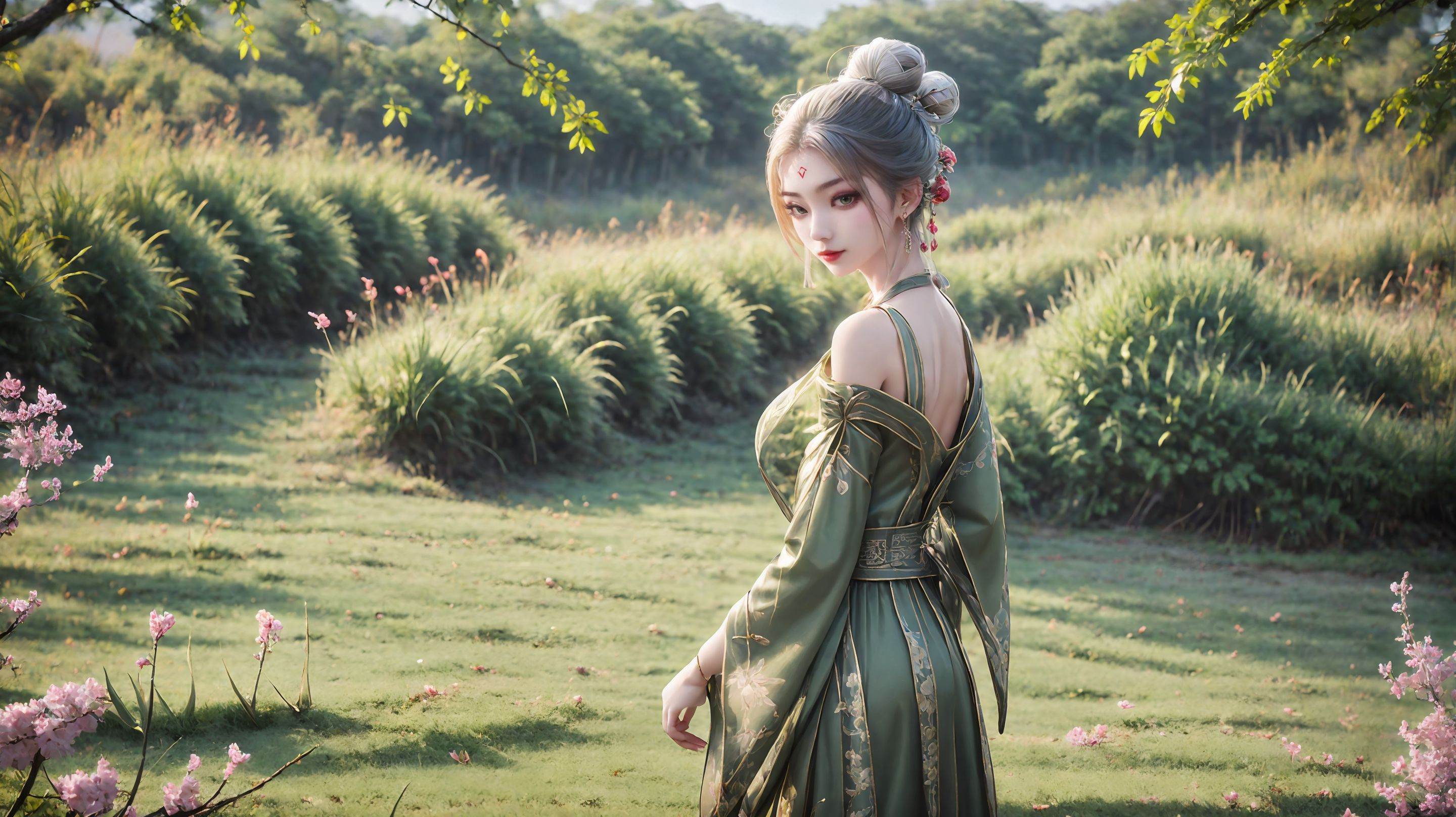 1girl,solo,hair bun,chinese clothes,green dress,dress,long sleeves,single hair bun,outdoors,nature,looking at viewer,from side,hair ornament,standing,grass,白发,<lora:girl miaojiangxiaobai_20240912173536:0.7>,