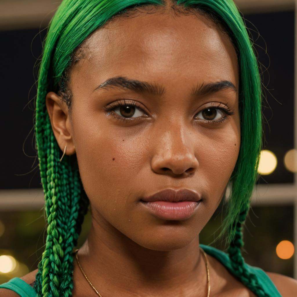 (Very close shot, zoomed in close-up face portrait:1.5) photo of a **/socaexpressionmouthclosed hopeful beautiful thin young 22 year old Zimbabwe woman with short straight braids green hair,.looking down. Modern style, inside a terrace , residential neighborhood visible through window, evening.cinematic lighting, vibrant colors, detailed skin texture, detailed cloth texture, beautiful detailed perfect face, intricate sharp details, ultra high res