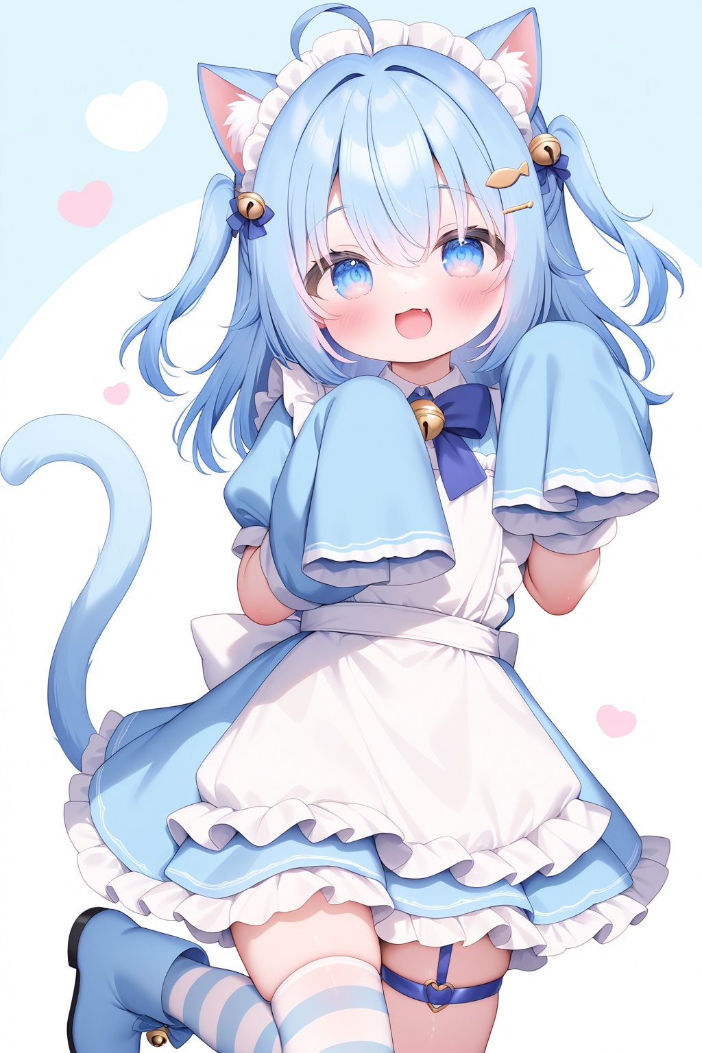 1girl,animal ears,blue eyes,solo,sleeves past wrists,tail,blue hair,cat ears,thighhighs,cat tail,striped,apron,blue footwear,dress,frills,fang,maid headdress,sleeves past fingers,hair ornament,smile,ahoge,white apron,puffy sleeves,cat girl,single thighhigh,striped thighhighs,virtual youtuber,:d,long sleeves,animal ear fluff,bell,hairclip,boots,two side up,standing on one leg,looking at viewer,frilled dress,frilled apron,white background,bangs,bow,heart,blue dress,blue bow,thigh strap,puffy short sleeves,fish hair ornament,short sleeves,standing,hair between eyes,jingle bell,blush,maid,hairband,open mouth,loli,petite,<lora:NTS_STYLE_v3-000134:0.8>,