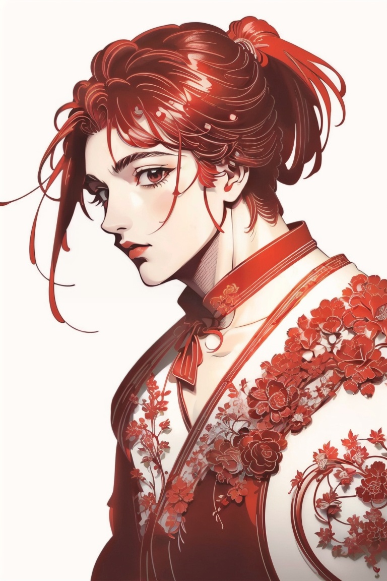 ((HRD, HUD, 8K)),((masterpiece, best quality)), highly detailed,paper-cut, monochrome, red theme, white background, simple background, 1boy, solo, black hair, ponytail, short hair, black eyes, lips, <lora:20231226-1703580387565:1>