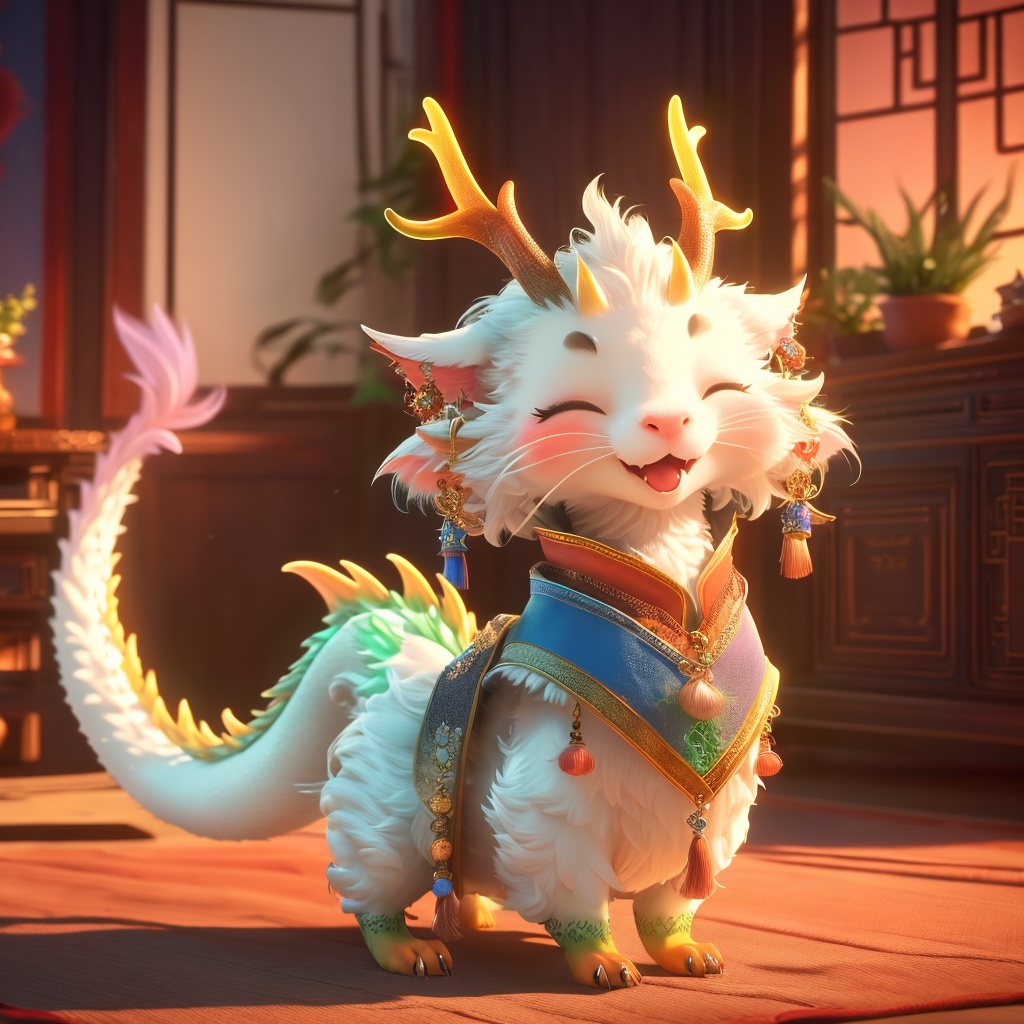 eastern dragon,soft lighting,whimsy and dramatic lighting,warm colors,mf-movie-filter,cc-color-correction,cute,sunset,sunlight,eastern dragon boy,clothed eastern dragon,dragon horns,horns,east asian architecture,no humans,closed eyes,blurry background,solo,fangs,blurry,jewelry,indoors,earrings,tassel,animalization,blush,tail,open mouth,antlers,full body,tassel earrings,whiskers,standing,smile,<lora:dragon_baby_v1:0.8>,
