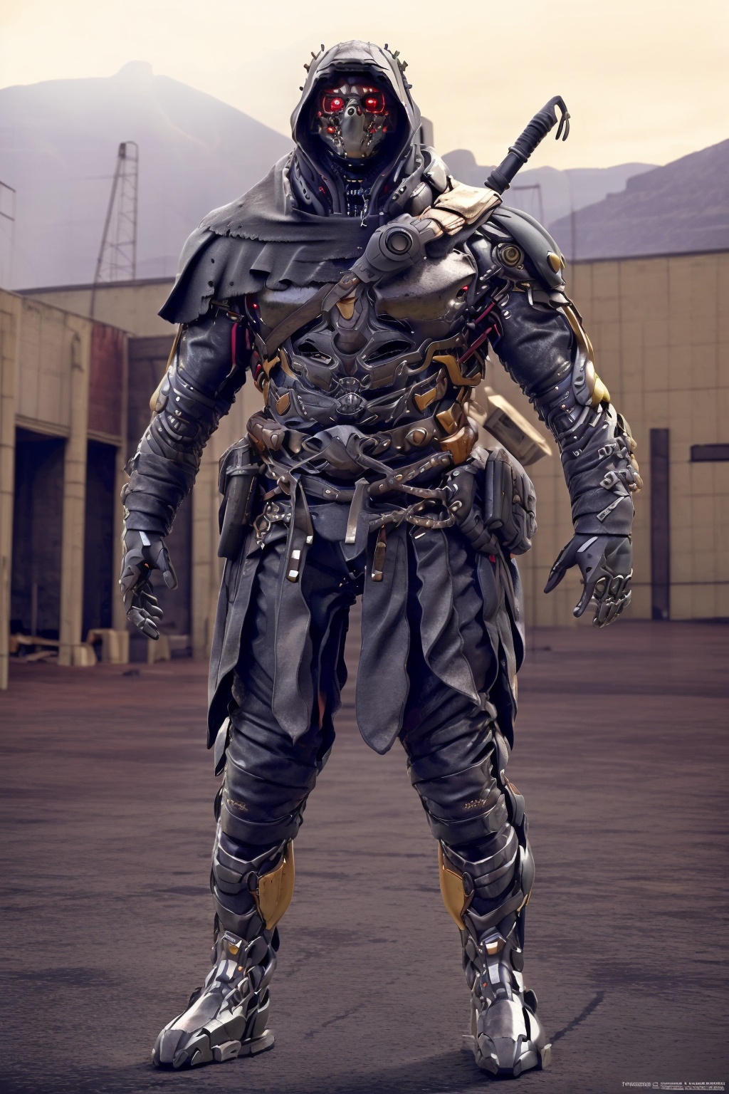hjyalienrobot,metal,science fiction,(((rivet))),power armor,robot with weapon,realistic,mecha,armor,grenade,science fiction,gold trim,masterpiece,best quality,(full body:1.3),<lora:hjyalienrobot-000009:0.9>,(city background:1.2),red and black,hood,cloak,((glowing red eyes)),hood up,sheath,sheathed,signature,<lora:hjyrobo2-000009:0.3>,