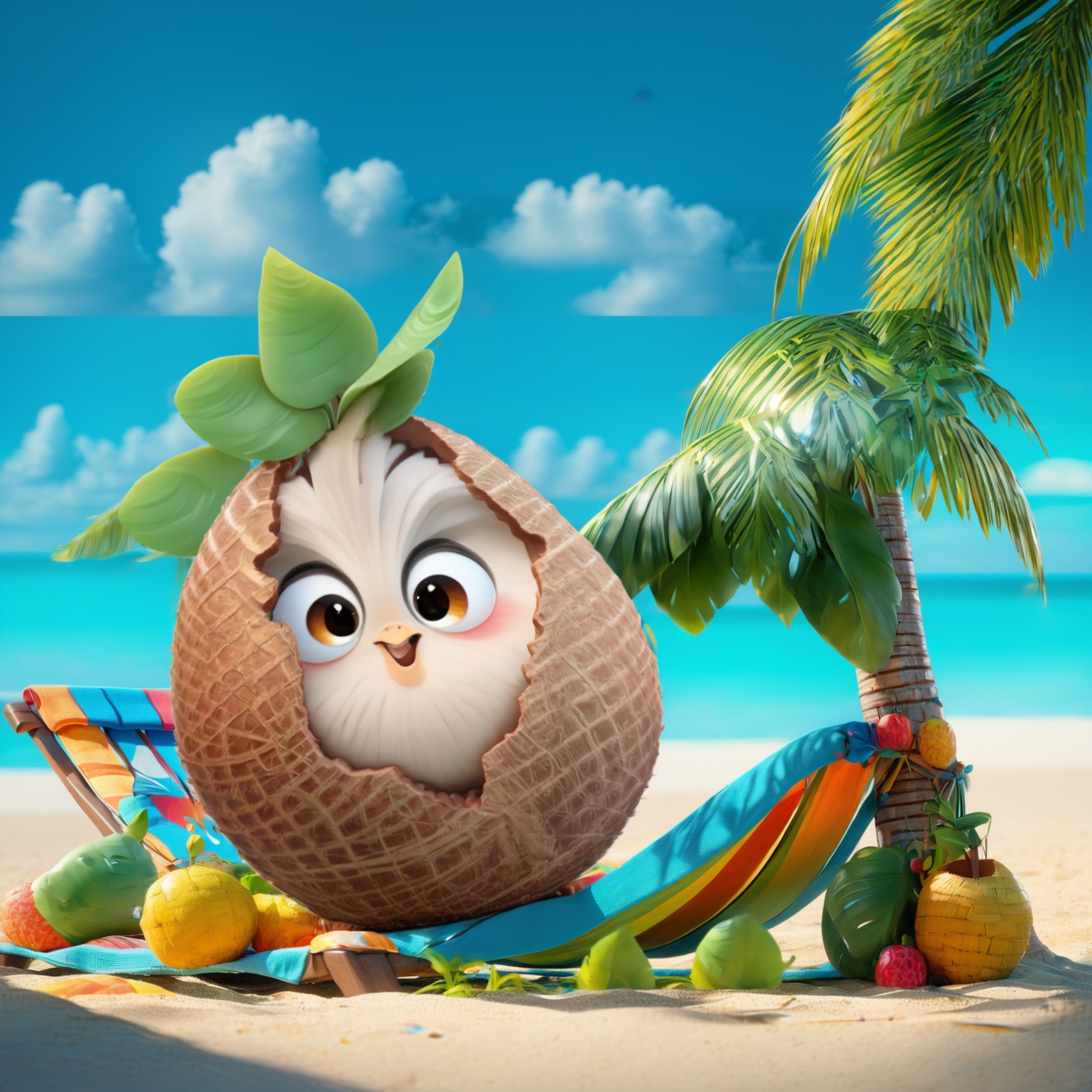 Coconut chicken,The image showcases a vibrant beach setting with a clear blue sky and white clouds. The foreground features a wooden sun lounger with a basket of colorful fruits beside it. To the right, there's a unique character, resembling a Coconut chicken with large, expressive eyes, peeking out from a woven coconut shell. The character has a green leaf on its head and is adorned with a woven crown. The overall ambiance of the image is serene and tropical, with the character adding a playful touch to the scene.<lora:YZJ 3.0-000004:1>