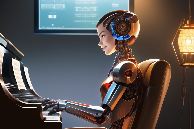 A sophisticated robot sitting at a piano,its metallic arms moving gracefully over the keys,playing melodious music. Its eyes are two small screens displaying sheet music. The surrounding environment appears somewhat hazy,emphasizing the prominence of the robot and the piano in high detail,sharp focus,digital art style by contemporary artists,trending on ArtStation,cinematic lighting,hyper-realistic rendering,simple background,face-to-face,naughty face,seductive smile,facing viewer,hitec,<lora:人工智能技术_V1:0.9>,naughty face,chinese text,beautifly,science fiction,(((facing away))),