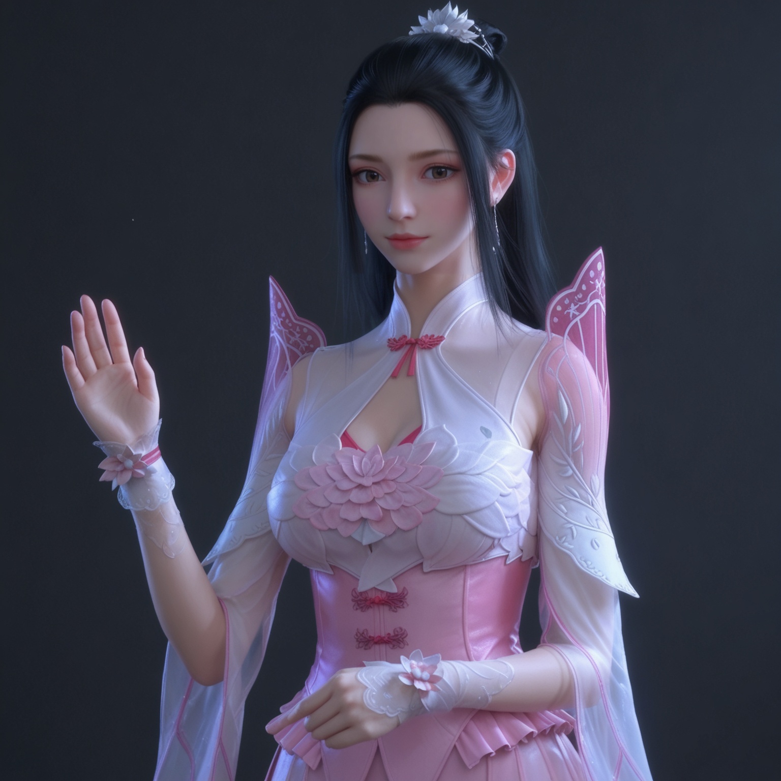 <lora:YQponyxuner_fenyiV4:0.8>,1girl,q1528437228,solo,black_hair,long_hair,dress,hair_ornament,pink_dress,ponytail,jewelry,hair_bun,earrings,see-through_sleeves,see-through,single_hair_bun,long_sleeves,skirt,brown_eyes,corset,flower,white_dress,realistic,thighhighs,cleavage_cutout,BREAK score_9,upper_body,portrait,shiny_skin,looking at viewer,cinematic lighting,volumetric lighting,solo focus,(huge breasts:0.9),(simple background,pure black background,black background:1.1),