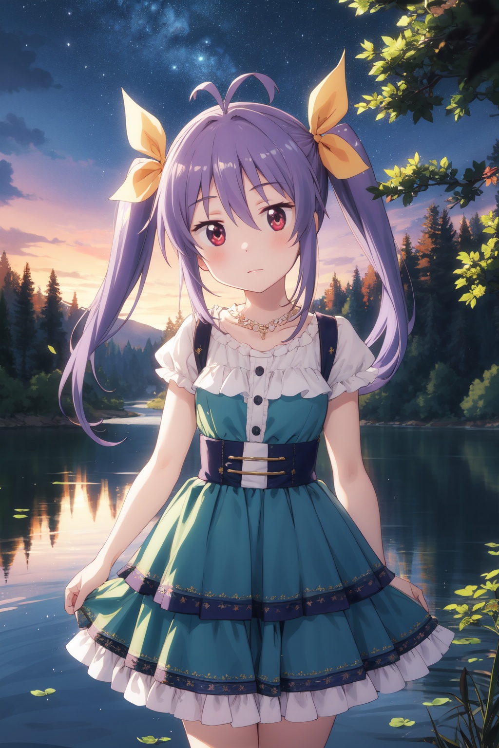 <lora:Renge-000003:0.8>,Renge CYQL,1girl,looking at viewer,solo,twintails,purple hair,long hair,antenna hair,hair ribbon,red eyes,loli,Whimsical and feminine tulle dress with a layered skirt and embellished bodice,Fearful, Wide-open eyes, a furrowed brow, and a slightly open mouth.,cowboy_shot,beautiful face,beautiful eyes,glossy skin,shiny skin,Lake, Lakeside, Forest, Trees, Reflection, Serenity, Wildlife, Tranquility,(Lavender rows, Moonlit landscape, Lavender fragrance, Nighttime glow, Midnight stroll, Provencal charm:0.6),beautiful detailed sky,beautiful detailed glow,masterpiece,best quality,beautiful and aesthetic,wallpaper,