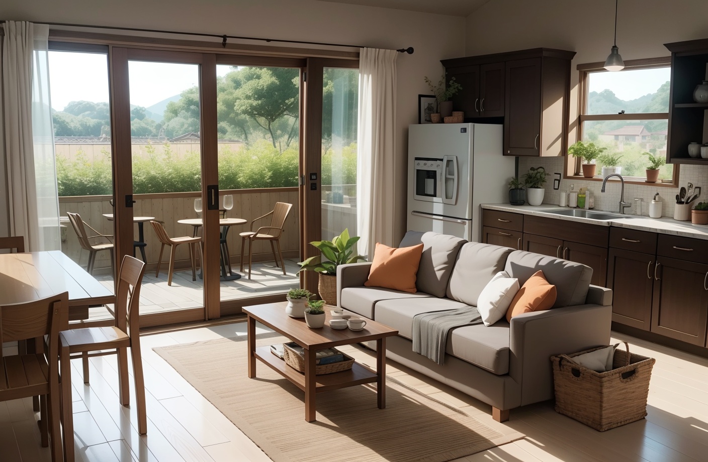 livingroom, jinchou, no humans, scenery, plant, kitchen, indoors, sink, table, shelf, potted plant, chair, stool, basket