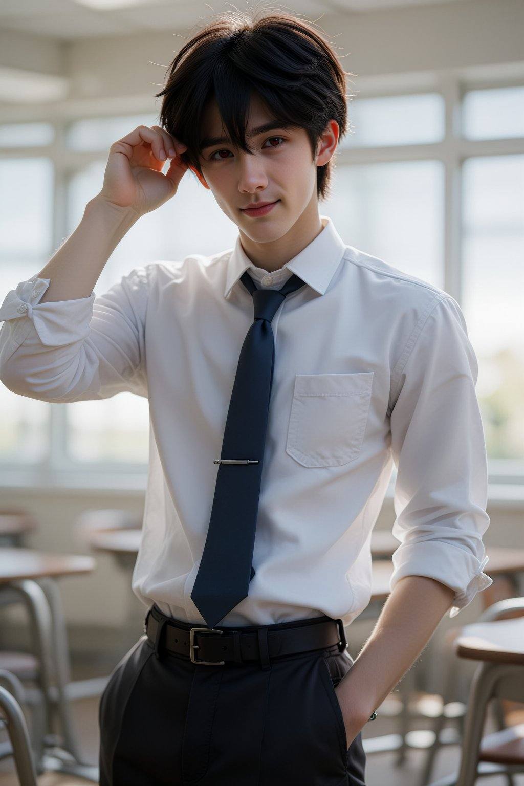 The image depicts a digital anime-style illustration of a young man standing in a brightly lit classroom. He has short,  m...