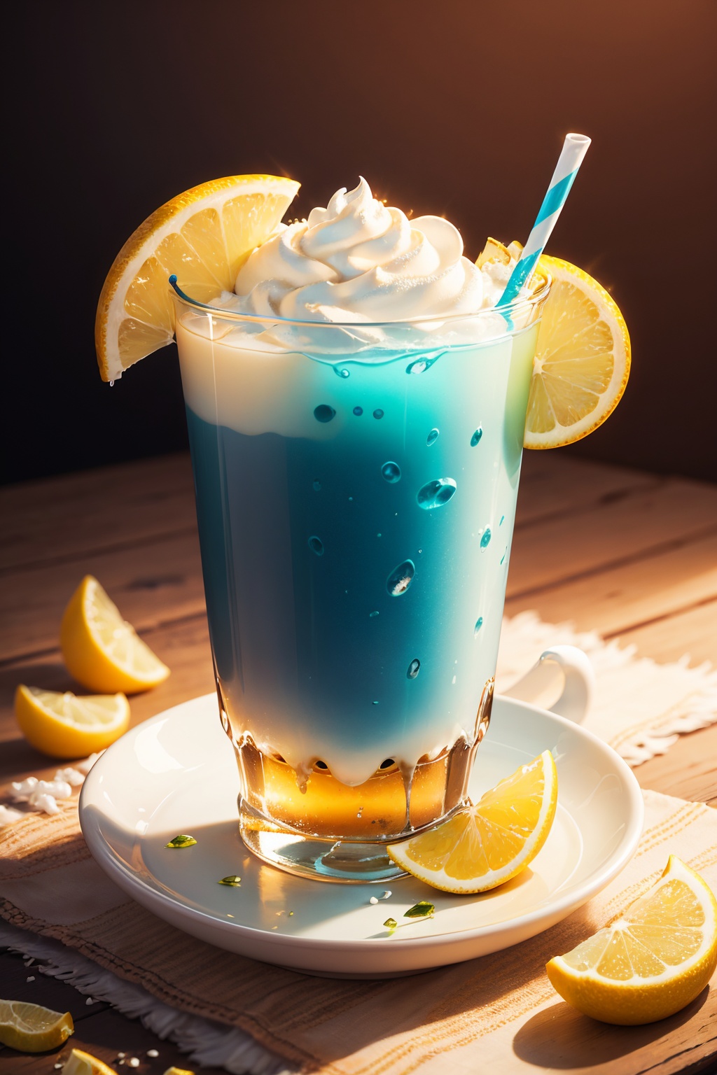 (Masterpiece, High Quality, Best Quality, Official Art, Aesthetics and Aesthetics: 1.2), (Milk Tea Cup Surrounded by Ice: 1.2), Iced Milk Tea Cup, Lemon Slices, Blue Theme, Surrealist Dream Style, Cream Organic Fluid, Ray Tracing, Foreground Occlusion, Natural Light, OC Rendering, Studio Lighting, Maiden, Dunhuang, Fire Red, Chili