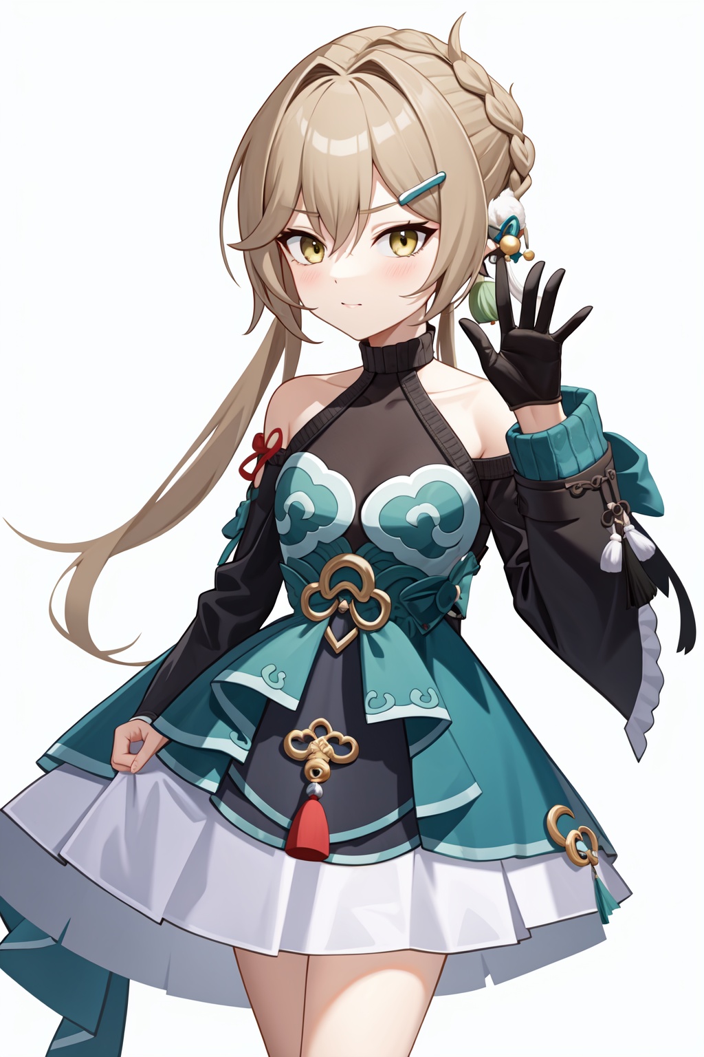<lora:青雀v2:1:lbw=char>,1girl,qingque,bare shoulders,long sleeves,braid,twintails,dress,(white skirt:0.8),, (masterpiece,best quality:1.2),absurdres, high quality,
