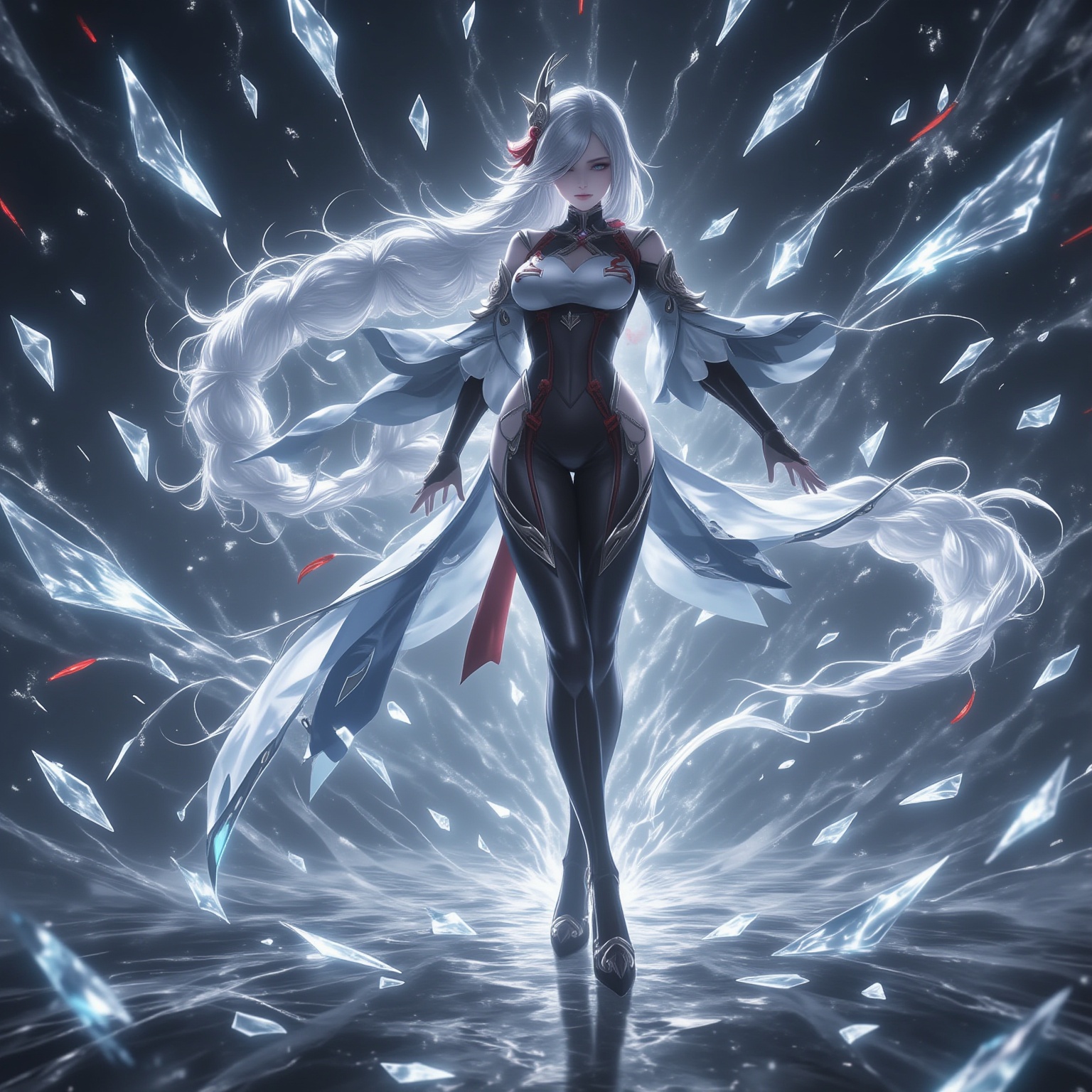 This is a digital illustration in a fantasy anime style, depicting a powerful female warrior with a serene, ethereal appearance. She stands at the center of the scene, her long, flowing white hair cascading down her back, adorned with a red hairpin. Her skin is pale, almost translucent, giving her an otherworldly glow. She wears a form-fitting, black armor with intricate, metallic designs on the chest and arms, and a flowing, white cape that billows around her like a ghostly mist. Her eyes are closed, and she appears to be in a meditative state, with a serene, almost serene expression.The background is a dark, misty environment, with shards of glass-like fragments floating and refracting light, creating a dreamlike, ethereal atmosphere. The ground is a reflective surface, mirroring the warrior's form and enhancing the ethereal quality of the scene. The overall color palette is dominated by cool, muted tones of white, black, and gray, with subtle highlights of red and blue. The texture of the illustration is smooth and detailed, with a realistic yet fantastical quality, emphasizing the mystical and powerful nature of the warrior.