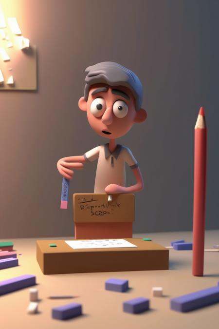 <lora:Clay Animation:1>Clay Animation - Disappointment to triumph, a 3D image showing a student with a disappointed expression, an eraser erasing the low score, and rewriting it into a high score. The mood transitions from despair to triumph. The environment is a study desk with exam papers and stationery. The lighting draws attention to the erasing and rewriting of the score.