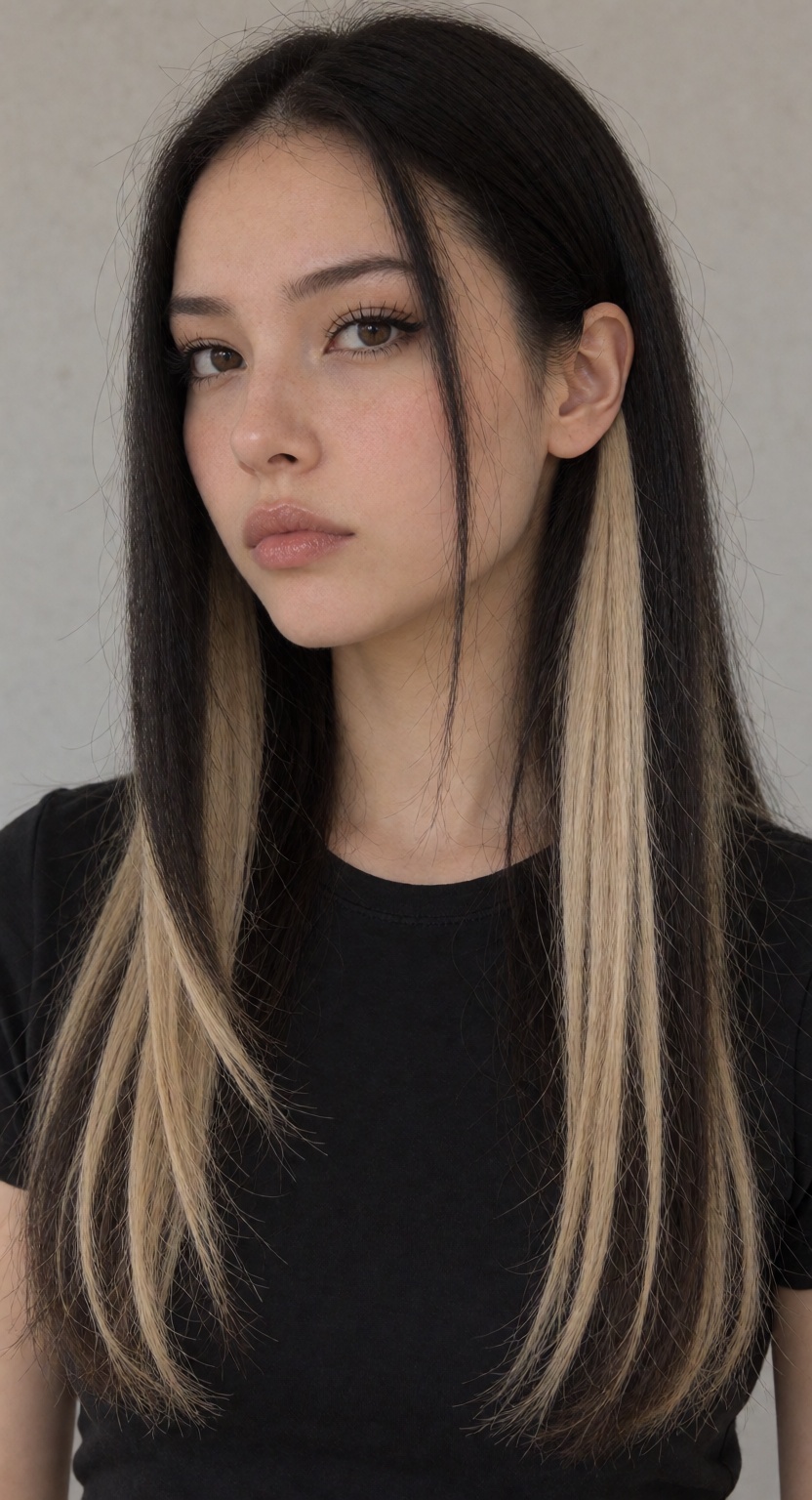 ChirlyX,  long,  straight dark hair with broad blonde underlayers and face-framing sections on Tensor.Art