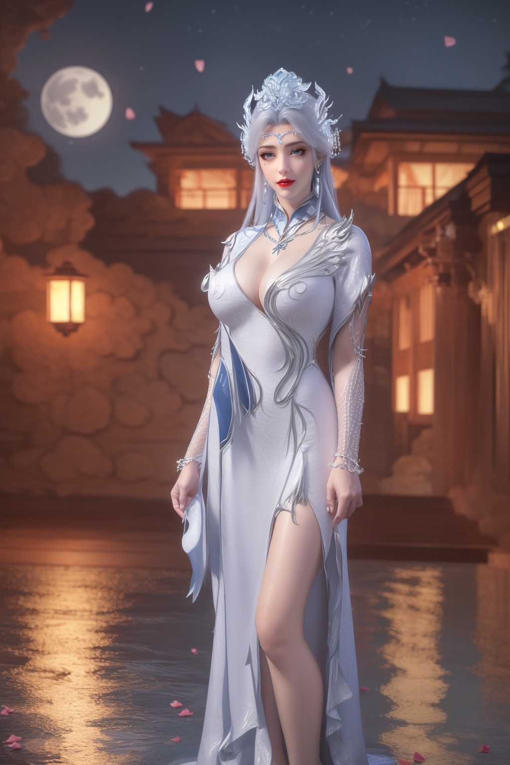 photo_\(medium\),(8k, RAW photo, best_quality),(masterpiece:1.2),(realistic:1.2),(photorealistic:1.3),(ultra-detailed),(extremely_detailed_cg_8k_wallpaper),(crystal_texture_skin:1.3),(shiny:1.2),(shiny_skin:1.4),(extremely_delicate_and_beautiful),(scenery, waterfall, (cherry_blossoms), (milfeulle_sakuraba), (petals, falling_petals), full_moon, moon, night, moonlight, night_sky, sky, petals, water, stone),shenfengNingYuDie,1girl,solo,torogao,breasts,large breasts,crown,shiny,dress,chinese clothes,blue dress,clothing cutout,crystal,hair bun,facial mark,forehead mark,standing,jewelry,hair ornament,earring,necklace,red lips,realistic,looking at viewer,<lora:shenfengNingYuDie_20240412212130-000005:0.7>,