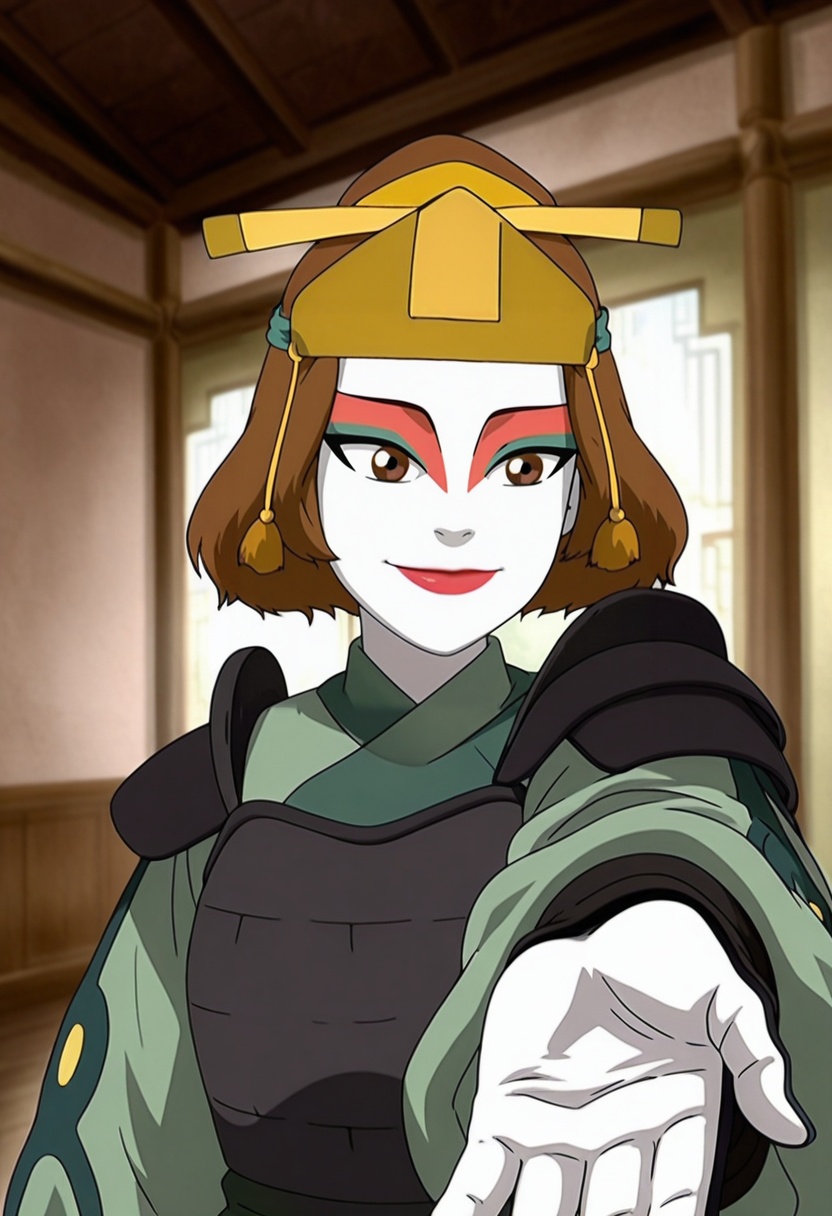 In the avatar TV animation style,  Suki_Kyoshinin as a kyoshi_warrior,  kyoshi_warrior outfit and makeup on Tensor.Art