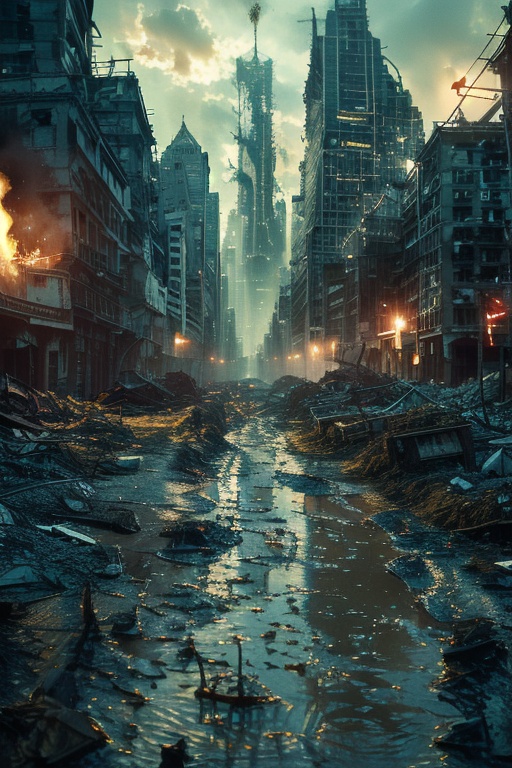 still life , High resolution movie lighting, surreal detail photography, Movie style, Doomsday, outdoors, sky, day, ground vehicle, building, cloud, scenery, city, tree, car, fire, ruins, streets filled with dilapidated houses, destruction, overgrown, complex buildings