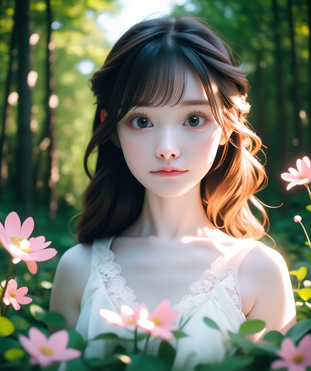 <lora:Arata-000010:0.85>,portrait,(looking at viewer),1girl,solo,wavy long hair,(closed mouth:1.5),(white and pink flowers circlet),white_lace_dress,nature,forest,glowing,lush greenery and red flowers in the background,dreamy and serene atmosphere,soft lighting,outdoor setting,tranquility,natural beauty,