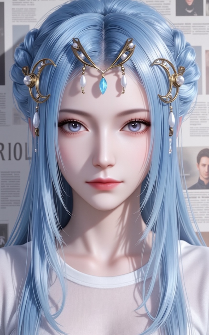 <lora:唐月华·百搭款7:1.2>,tangyuehua,1girl,solo,blue hair,hair bun,looking at viewer,hair ornament,grey eyes,cover,gradient background,close-up details,outstanding style,adding a touch of dimension to your images without compromising details,close-up,<lora:DJ滤镜_2.5D版:0.4>,lvjing,<lora:油画唯美滤镜15:0.2>,baoshi,<lora:报纸背景·5:0.6>,baozhi,paper,newspaper,the newspaper wall,newspaper background,