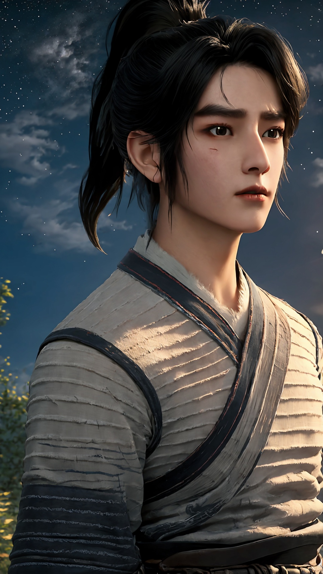 solo,black hair,looking at viewer,realistic,black eyes,lips,closed mouth,scar,short hair,ponytail,day,<lora:Chenpingan Boy_20240906021908:0.8>,1boy,<lora:20240601-1717253745719:0.7>,old,ponytail,<lora:hanfu_20231118200453:0.7>,upper_body,the top of the hill,starry sky,cumulus_fractus,full_armor,