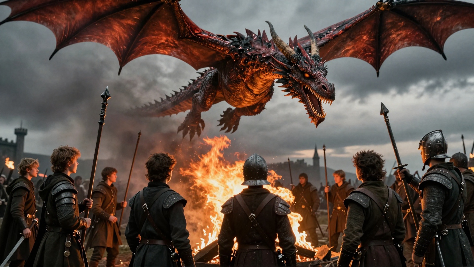 cinematic film still of In medieval times war a group of people standing around a fire with a fire breathing dragon flying...