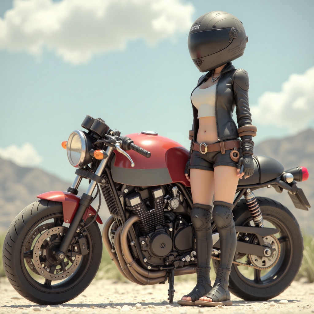 beijihui,biker chick standing next to motorcycle,full body,