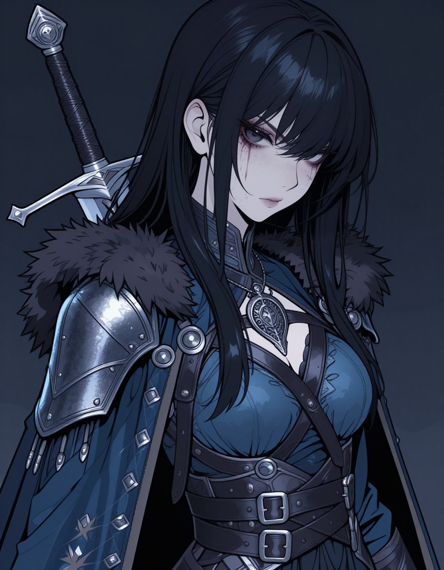 a mysterious female warrior,  cloaked in a detailed,  gothic-style outfit. She wears a deep blue garment adorned with vari...