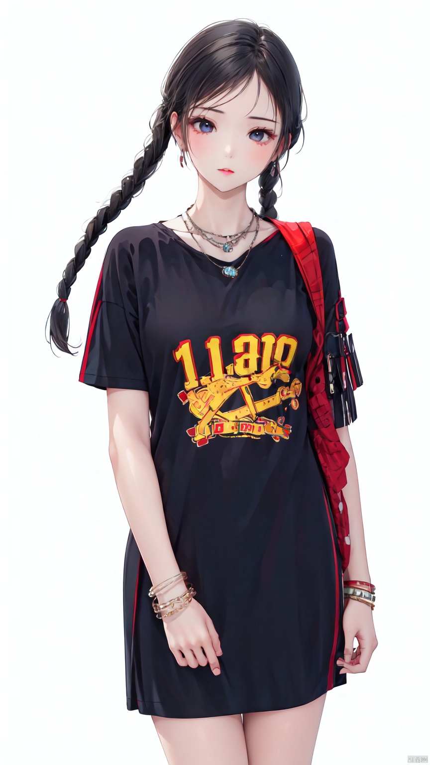 1girl, solo, long hair, black hair, white background, dress, , jewelry, necklace, twin braids, bracelet, clothes writing,,Look at the camera.<lora:EMS-431932-EMS:0.800000>, <lora:EMS-254762-EMS:0.400000>