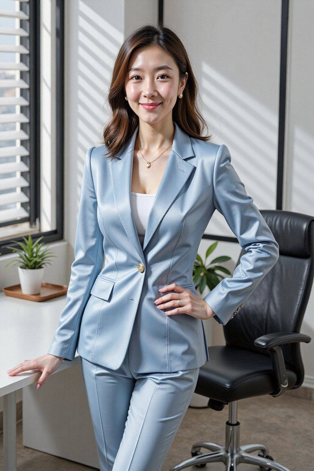 A photograph of a young Asian woman with a straight,  shoulder-length bob haircut,  wearing a sophisticated on Tensor.Art