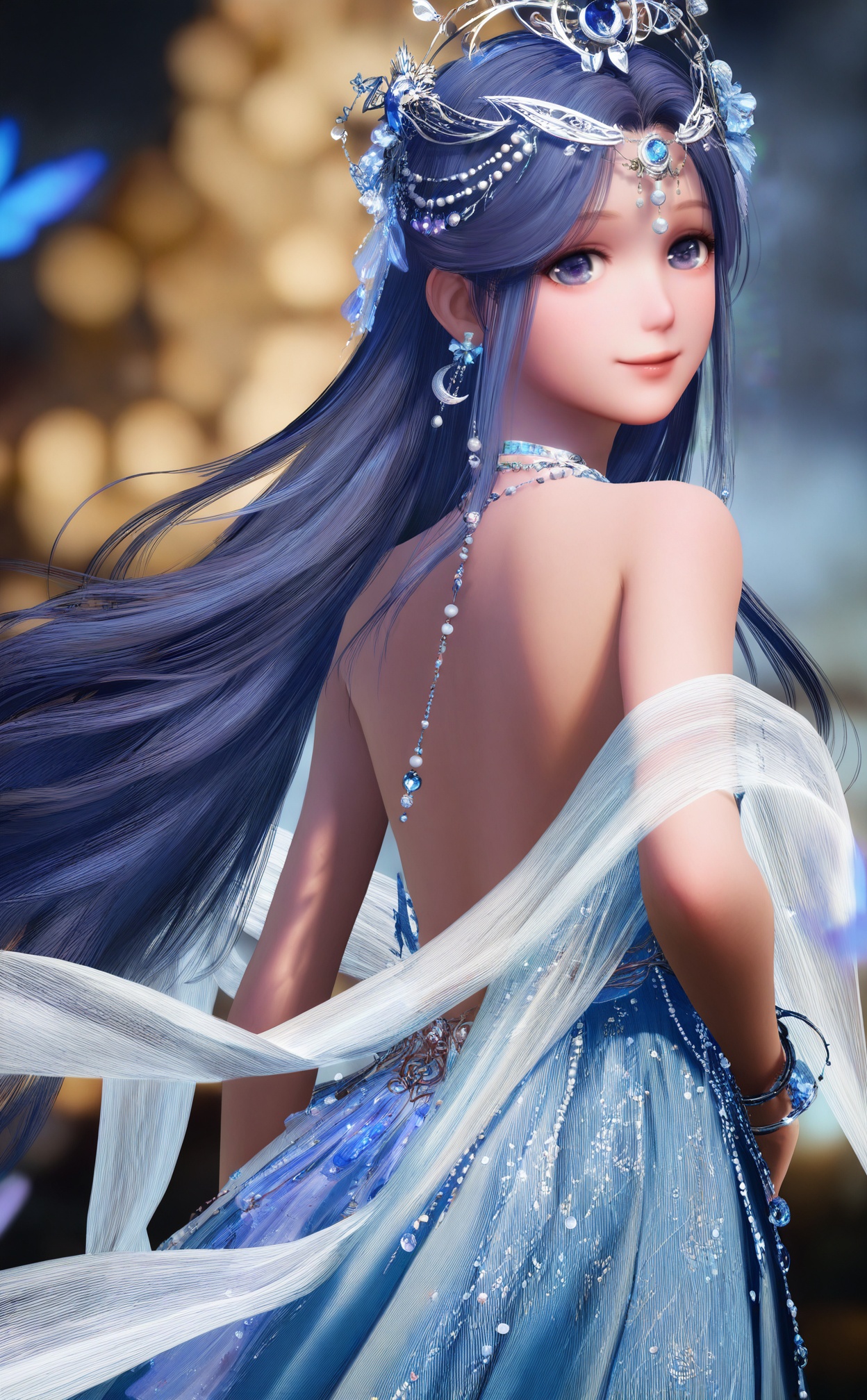 masterpiece,very aware,highres,absurdres,newest,best quality,loli,petite,high quality,chromatic_aberration,//,nuannuan,1girl,long_hair,jewelry,hair_ornament,earrings,solo,blurry,looking_at_viewer,beads,gem,dress,looking_back,blurry_background,smile,shawl,see-through,pearl_\(gemstone\),blue_eyes,backless_outfit,head_chain,hair_beads,purple_hair,bare_shoulders,very_long_hair,bug,bare_back,backless_dress,depth_of_field,bracelet,tiara,circlet,necklace,standing,realistic,lips,blue_dress,crescent,from_side,purple_eyes,blue_hair,armlet,skirt,from_behind,//,realistic,//,official art,depth of field,detailed light,blurry background,best shadow,shiny skin,cinematic lighting,ray tracing,amazing quality,very aesthetic,absurdres,beast quality,ultra detailed,newest,8K,HDR,<lora:nuannuan2——【noob】hans:1>,