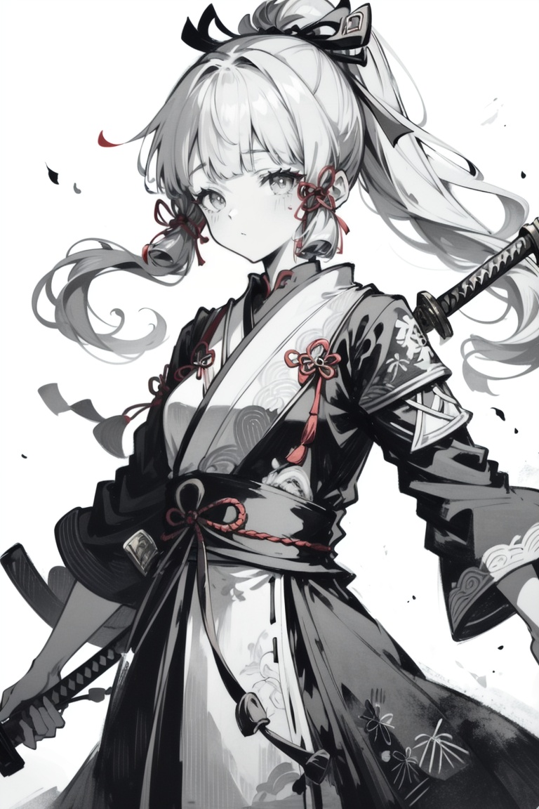 ((HRD, HUD, 8K)),((masterpiece, best quality)), highly detailed,YuanShen, 1girl, kamisato ayaka, weapon, solo, sword, holding, holding weapon, holding sword, ponytail, monochrome, bangs, hair ribbon, ribbon, armor, japanese armor, katana, long hair, blunt bangs, closed mouth, closed eyes, gloves, spot color, white background, simple background, tress ribbon, greyscale, sidelocks, <lora:20240318-1710771192163:0.8>