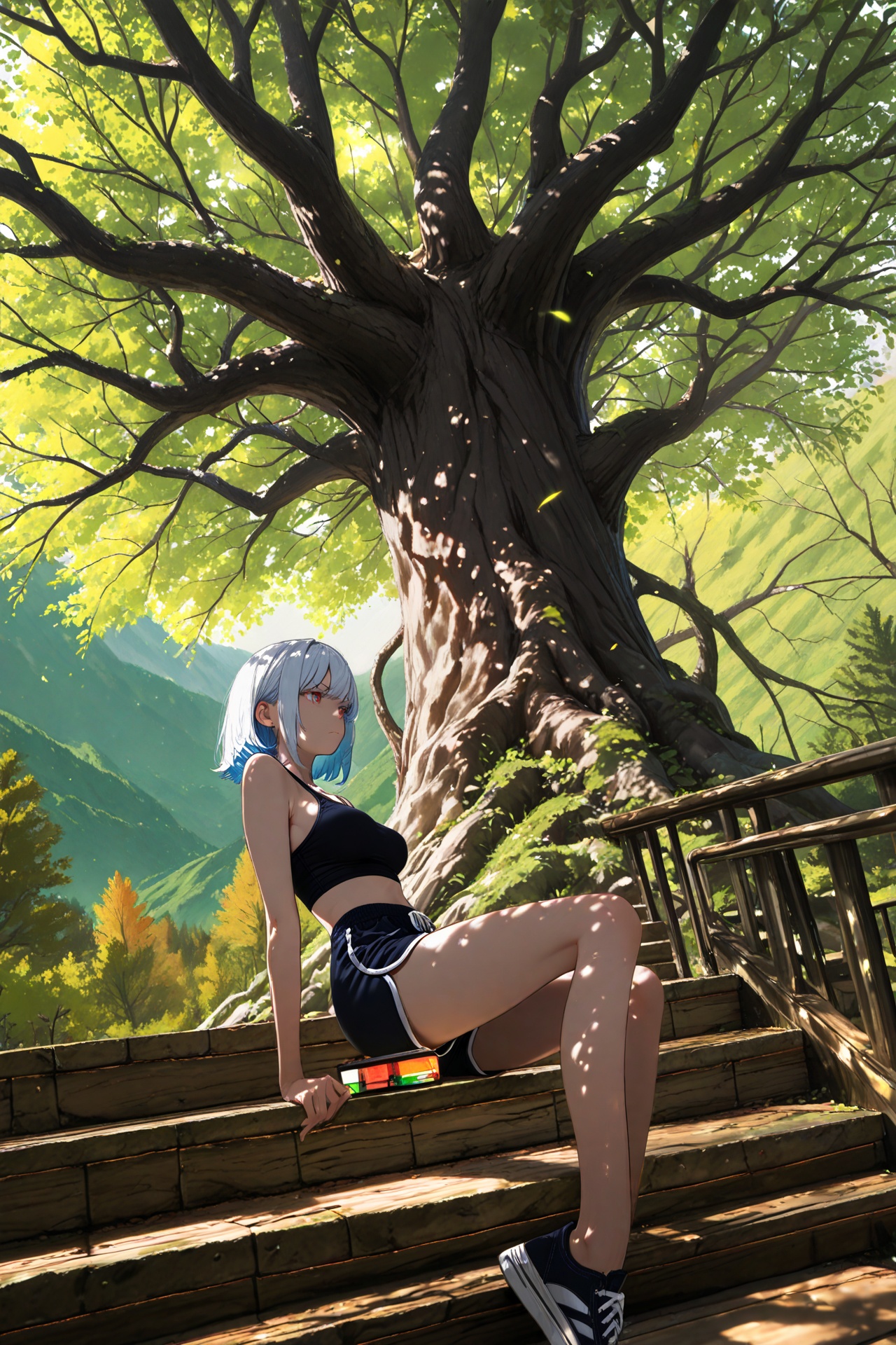 masterpiece,best quality,amazing quality,very aesthetic,absurdres,newest,in the style of fashion photography,light particles,cinematic lighting,Visual impact,sharp focus,Emotionalization,depth of field,dynamic pose,dutch angle,extreme aesthetic,scenery,Coastal Retreat Palette,( impressionism:1.7 ),realistic body,1girl,sitting,old tree,dolphin shorts,medium breasts,serious,treehouse,wooden staircase,hills,scenery,