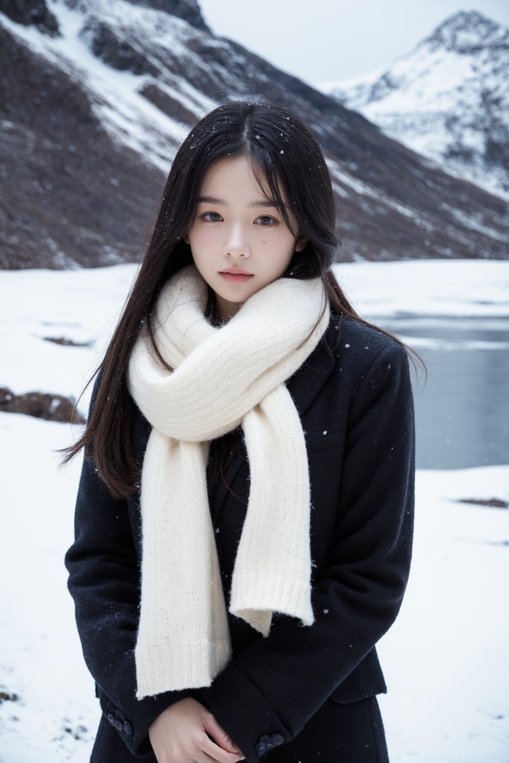 1girl,ice field,water,snowing,wind,cold,red scarf,
