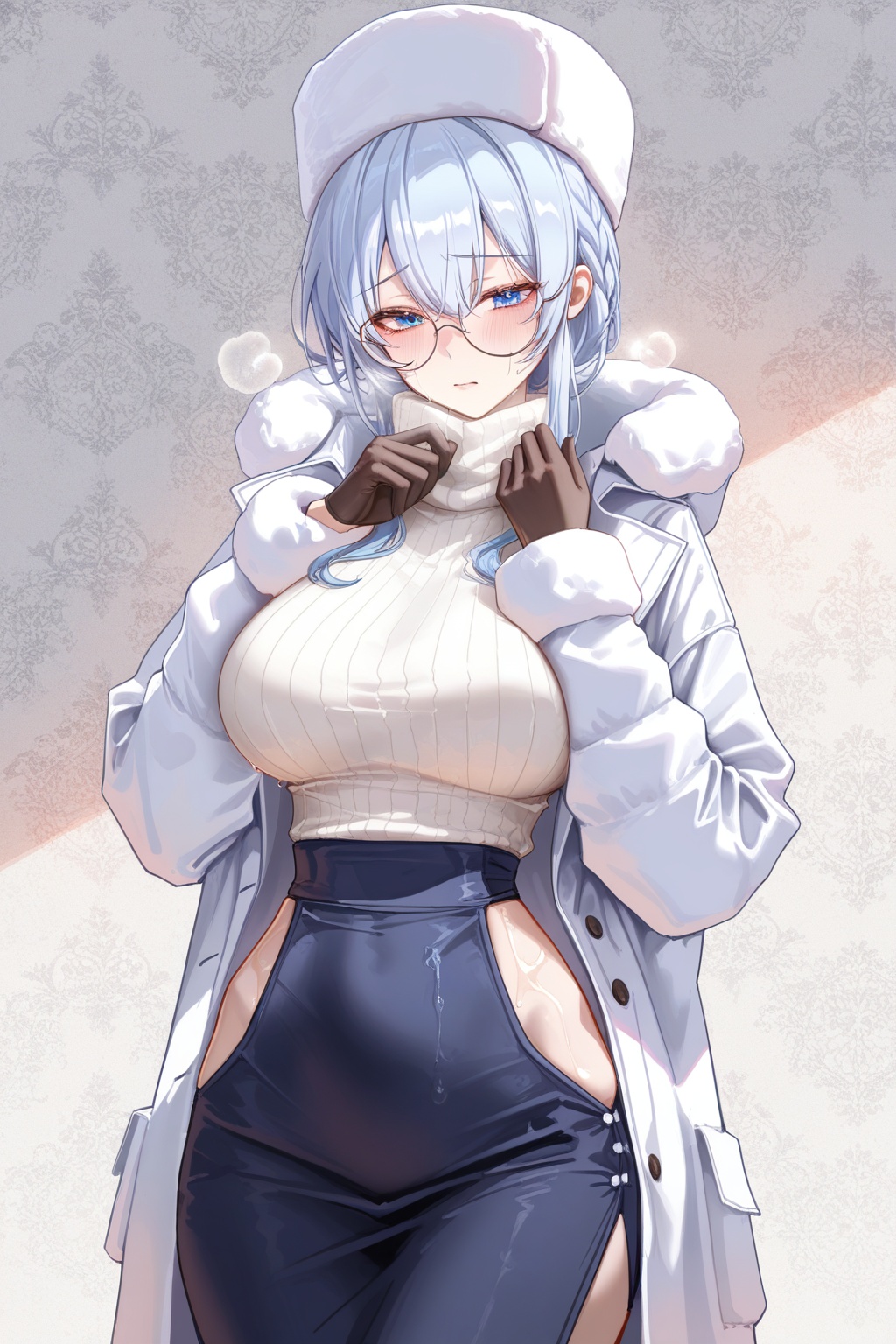 best quality,amazing quality,very aesthetic,absurdres,best quality,amazing quality,very aesthetic,absurdres,{{{{shiny skin}}}},{{{{oiled}}}},detail eyes,wallpaper,artist:aibek,artist:gwan-e,artist:kein_v,artist:liaowen,artist:sea_nami,artist:tansuan_(ensj3875),artist:ask_(askzy),artist:ciloranko,year 2023 BREAKcurvy,(narrow waist:1.1),blue hair,<lora:Mifuyu Yukino:0.8>, -Mifuyu Yukino, 1girl, White winter coat, hip skirt, fur hat, round glasses, gloves, sweater,shy,endured_face,heavy_breathing,